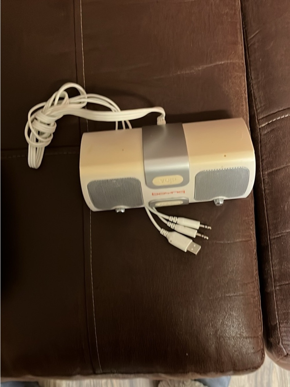 Portable White/Silver Dual Speaker System with USB & Aux Cables